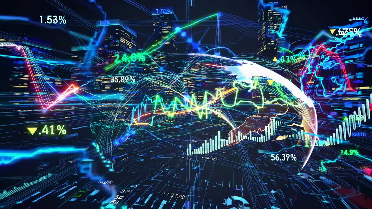 Dynamic video concept of global finance with a futuristic style. High-angle view of a digital globe