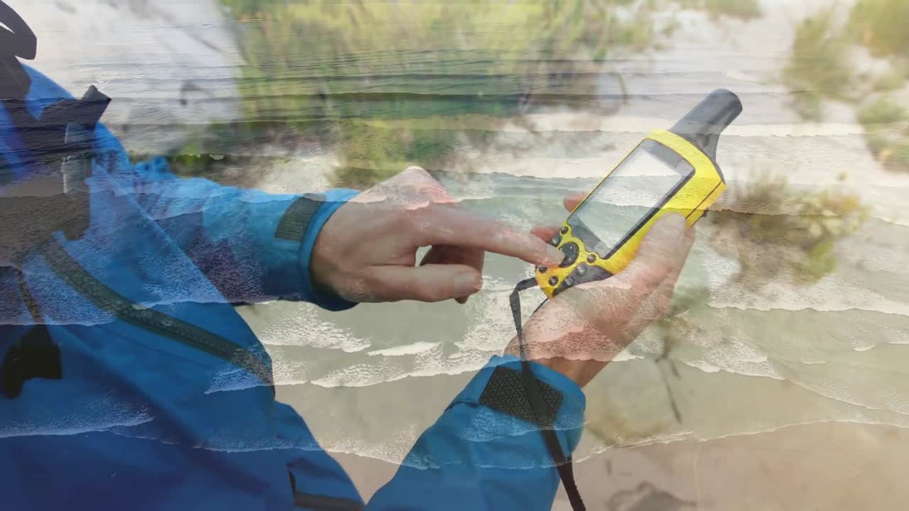 animación de paisaje sobre excursionista caucásico con teléfono