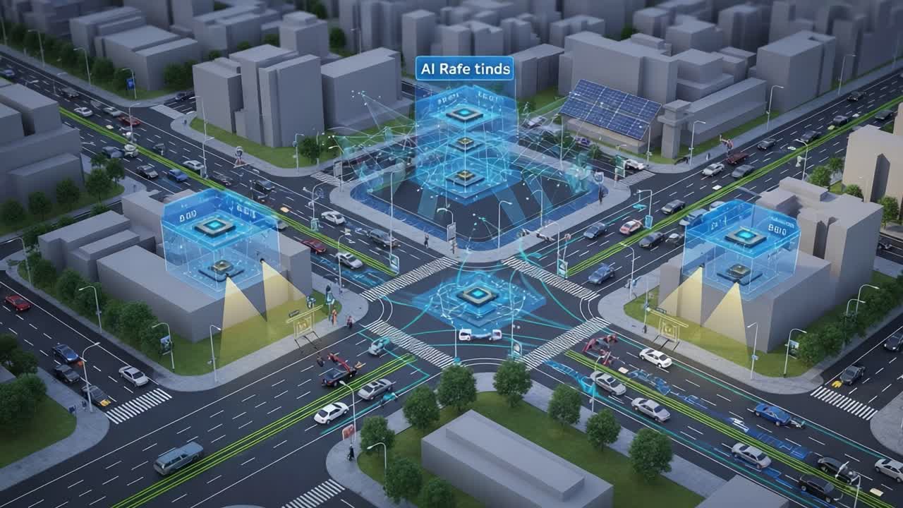 Innovativo sistema di gestione del traffico urbano con tecnologia AI per migliorare la connettività della città e ottimizzare l'efficienza dei trasporti in un contesto moderno.