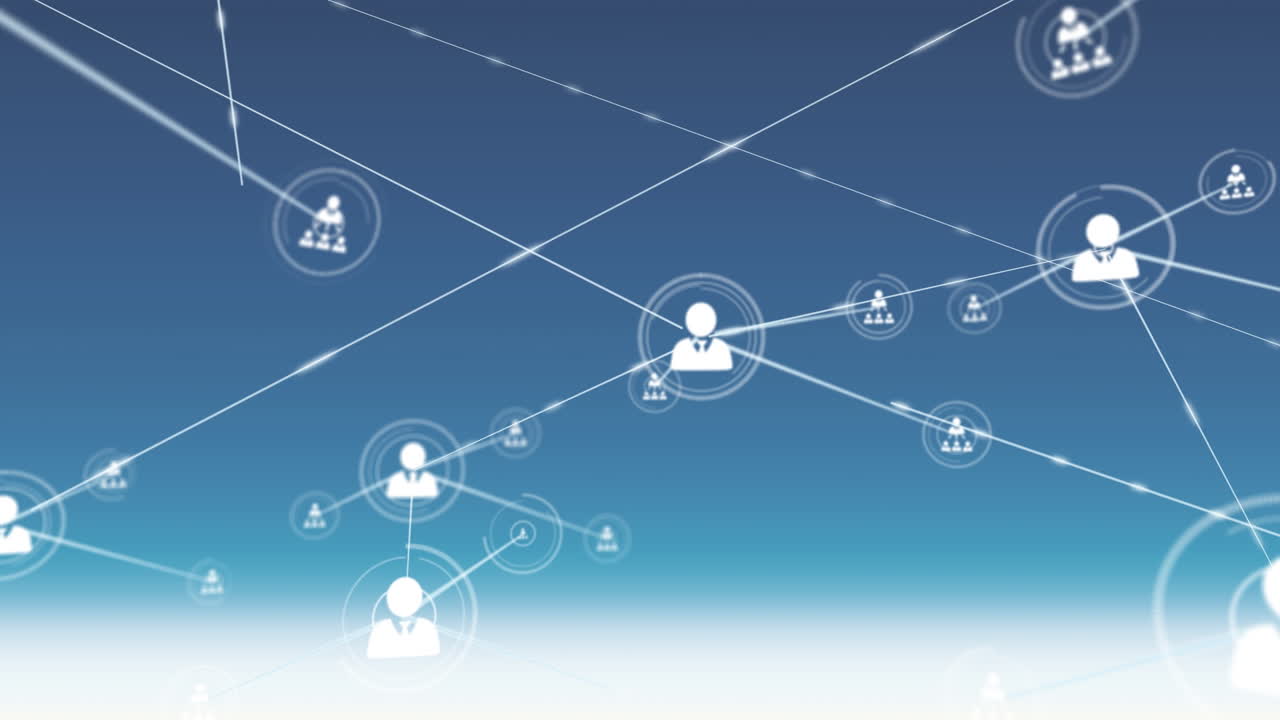 파란색 배경에있는 사람 아이콘과의 연결 네트워크의 애니메이션