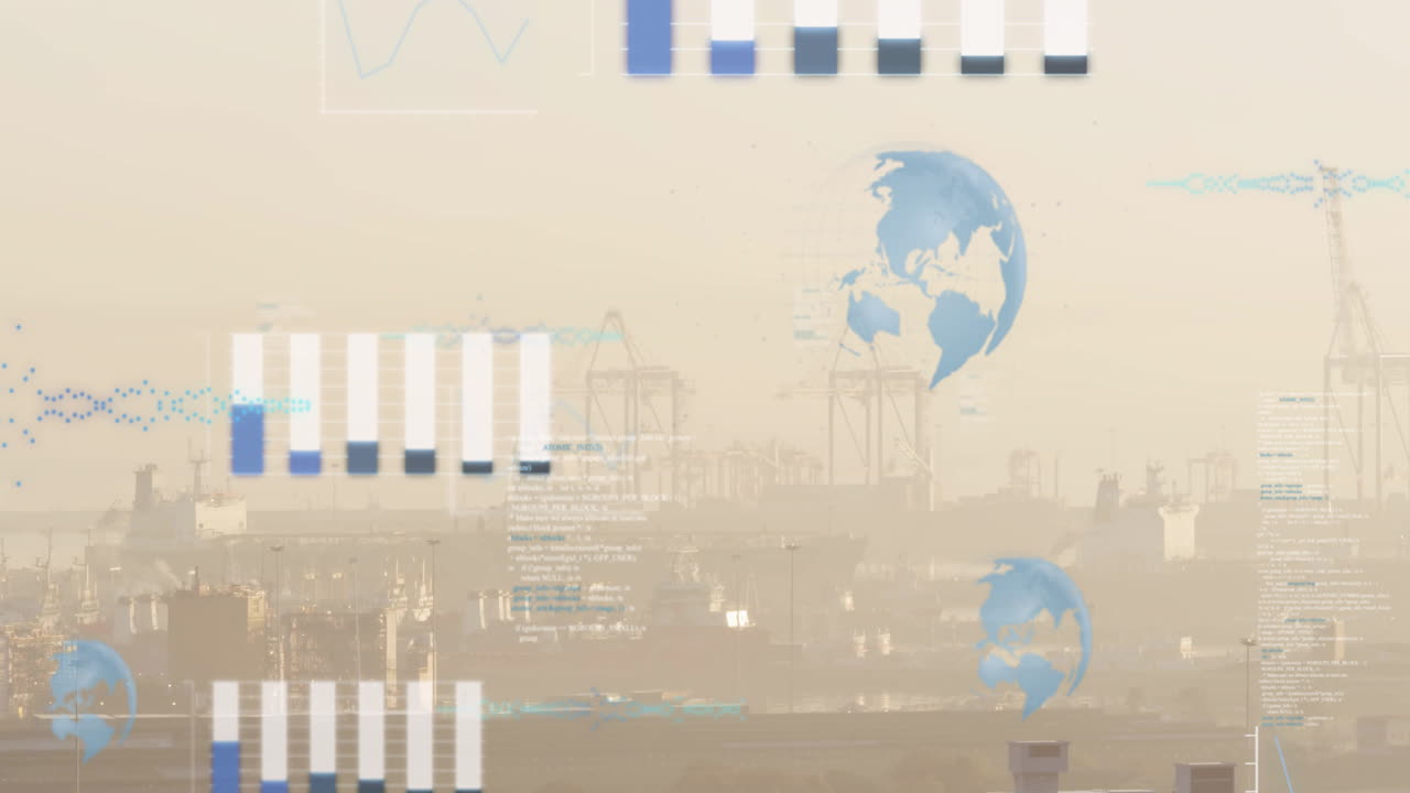 Animation overlaying industrial port with cranes, featuring graphs and globe icons