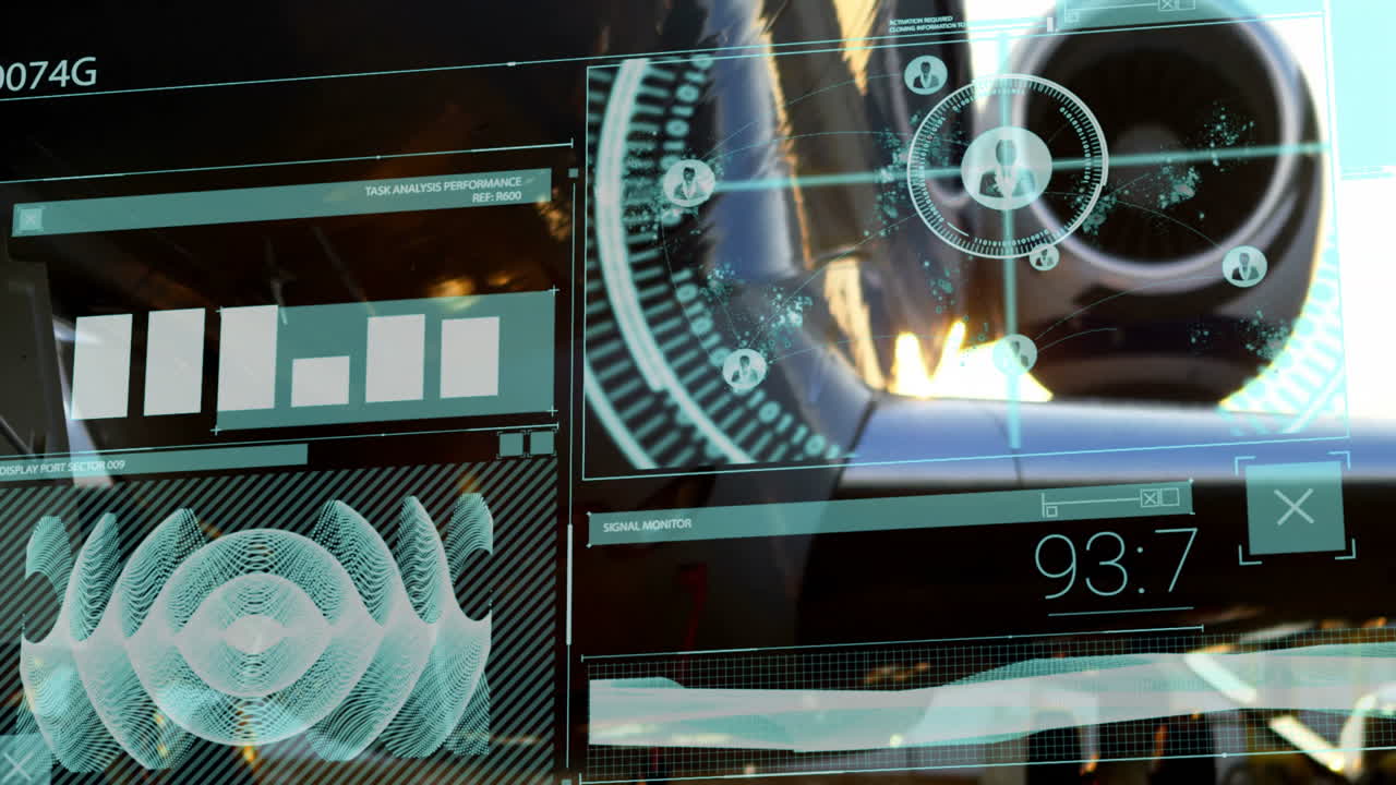 Animation of futuristic data interface showing analytics over reflective surface