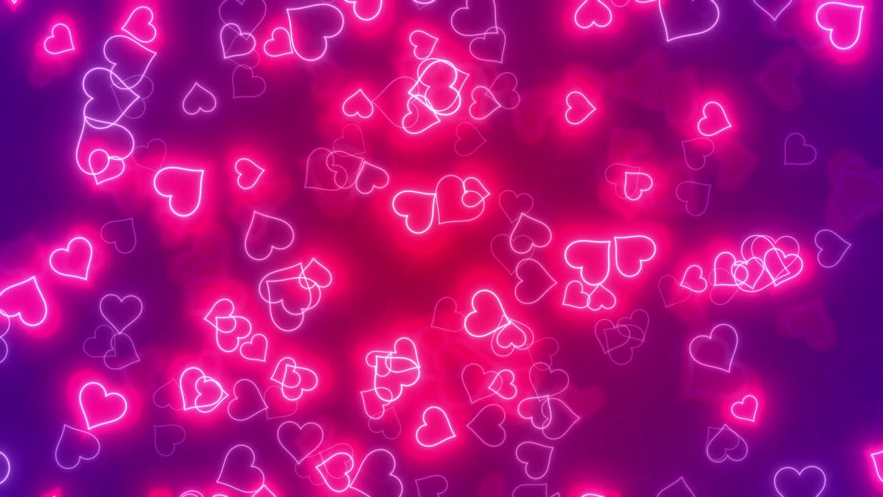 Animazione di buon San Valentino e romanticismo, cuori lucidi e scintillanti, concetto di San Valentino e matrimonio, particelle luminose, sfondo sfumato viola scuro