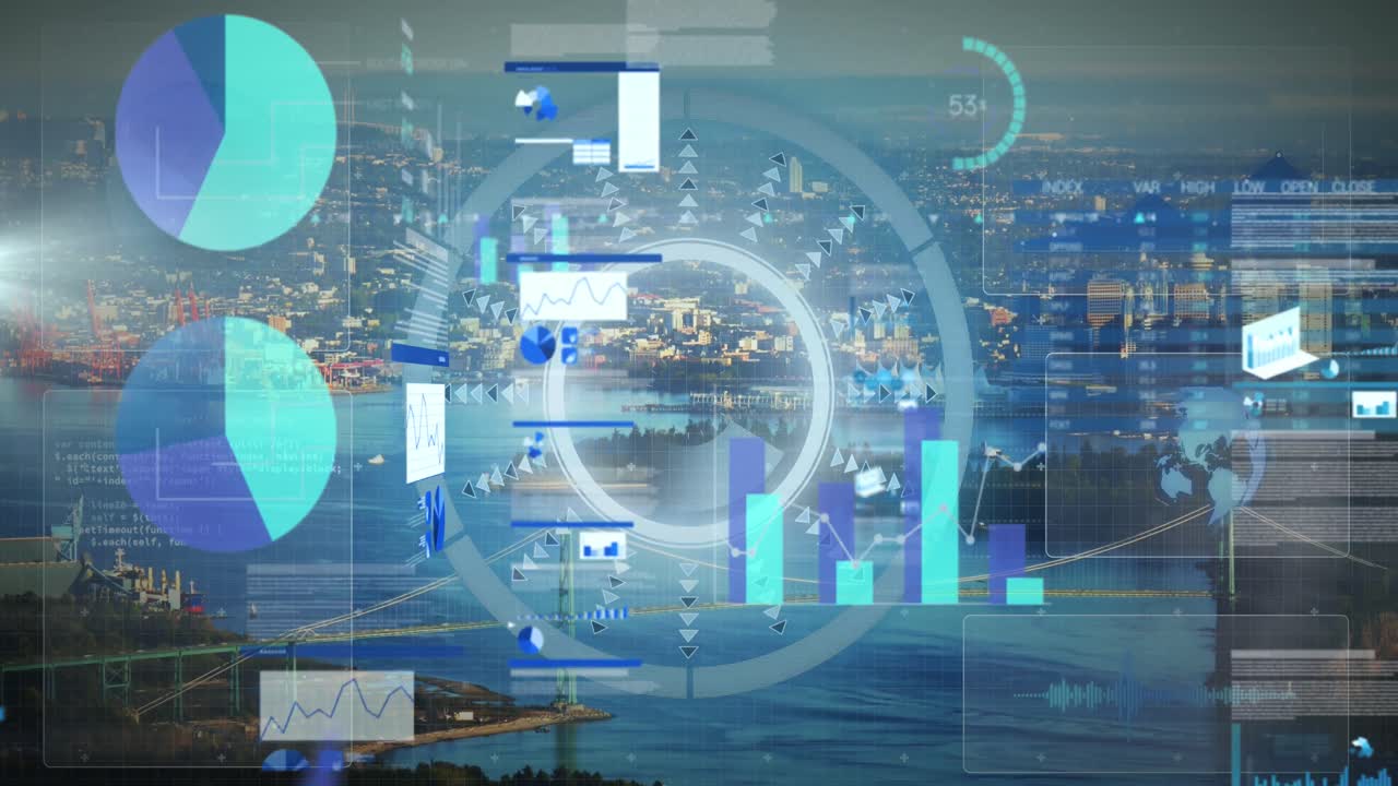 도시 풍경 위의 데이터 처리 애니메이션