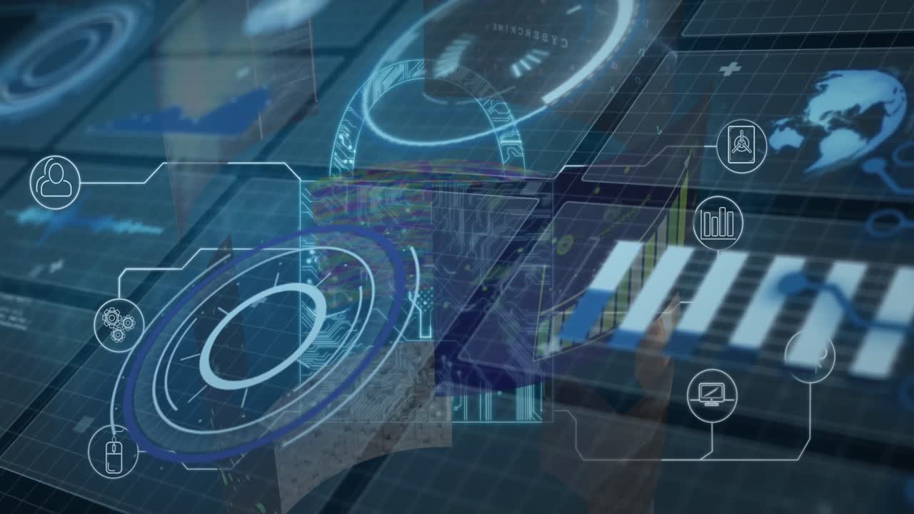 animación de la interfaz con el procesamiento de datos y el icono de candado de seguridad contra fondo azul.