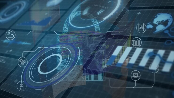 Animation of interface with data processing and security padlock icon against blue background