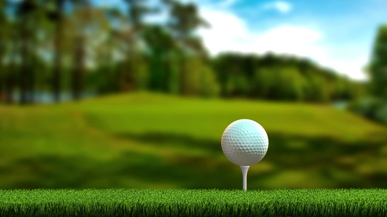Un driver da golf che oscilla avanti e indietro verso una pallina da golf che gira su un tee da golf - loop continuo