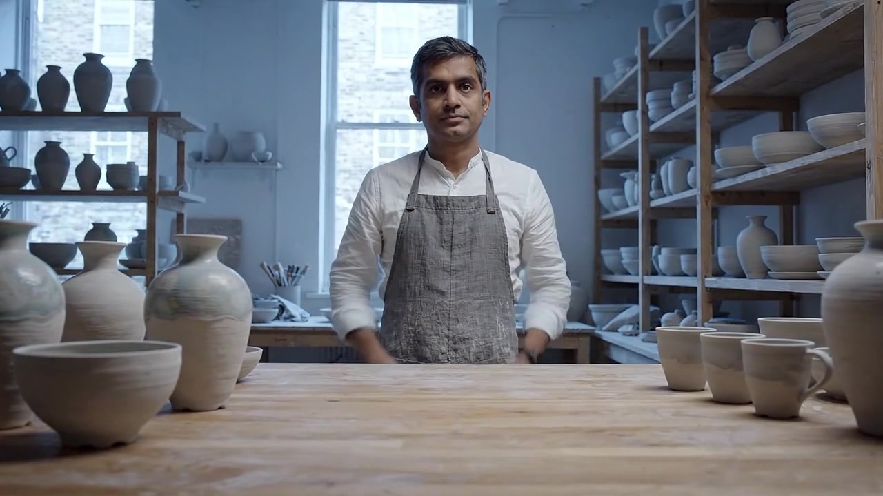 Un ceramista dedicato nel suo studio, circondato da ceramiche finemente lavorate e un accogliente spazio di lavoro pieno di creazioni artigianali e strumenti.