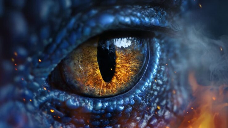 A Captivating Close-Up of an Enigmatic Creature's Eye, Featuring Stunning Detail and Luminous Amber Highlights That Contrast Against a Rich, Fiery Background, Evoking Intrigue and Majesty