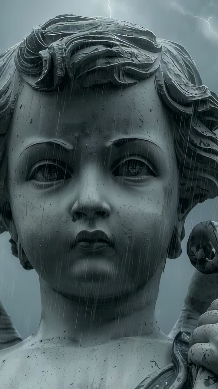 Video verticale: statua di cherubino eretta che luccica sotto un cielo tempestoso con un fulmine che illumina una sfera