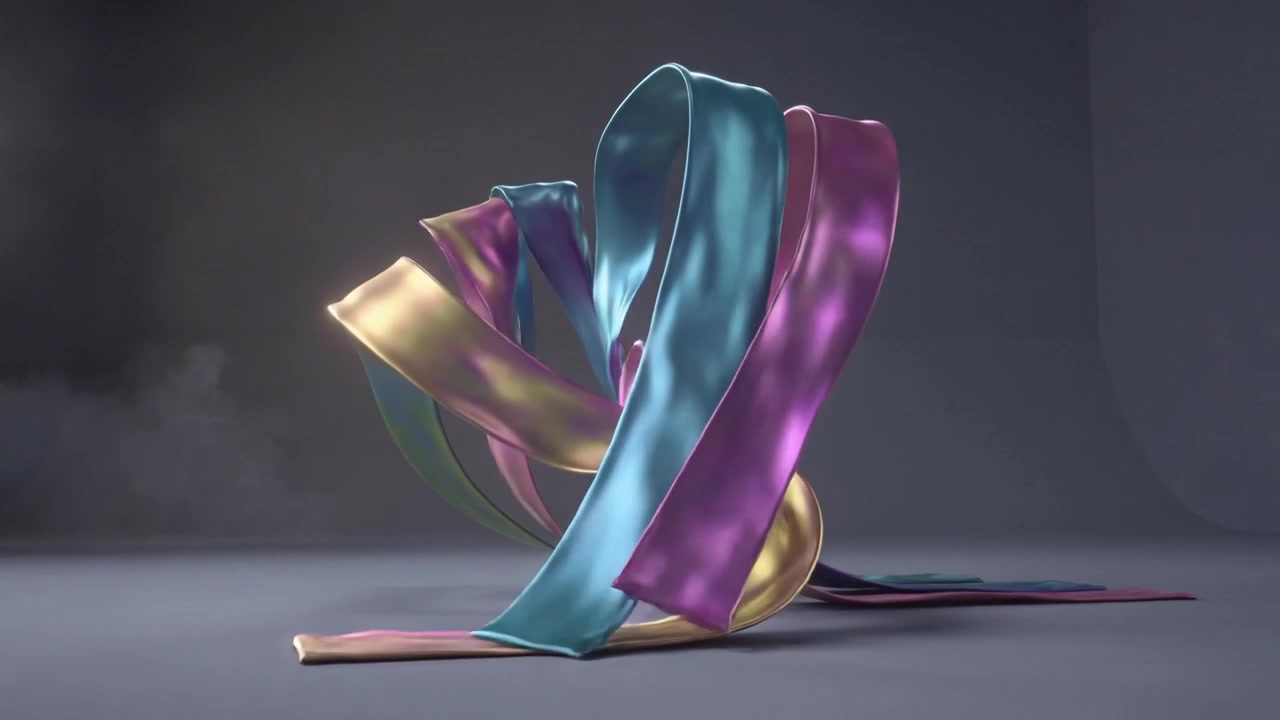 Rising with left light lifting ribbons, three ribbons forming coils in studio, sweeping right