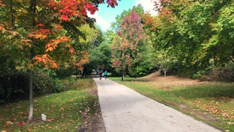 bikers on a trail in a wooded park with bright red and orange leaves on a sunny day in the fall