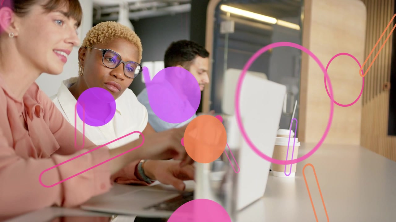 Left woman pointing starting pink dots and round bars growing over laptops, business team working