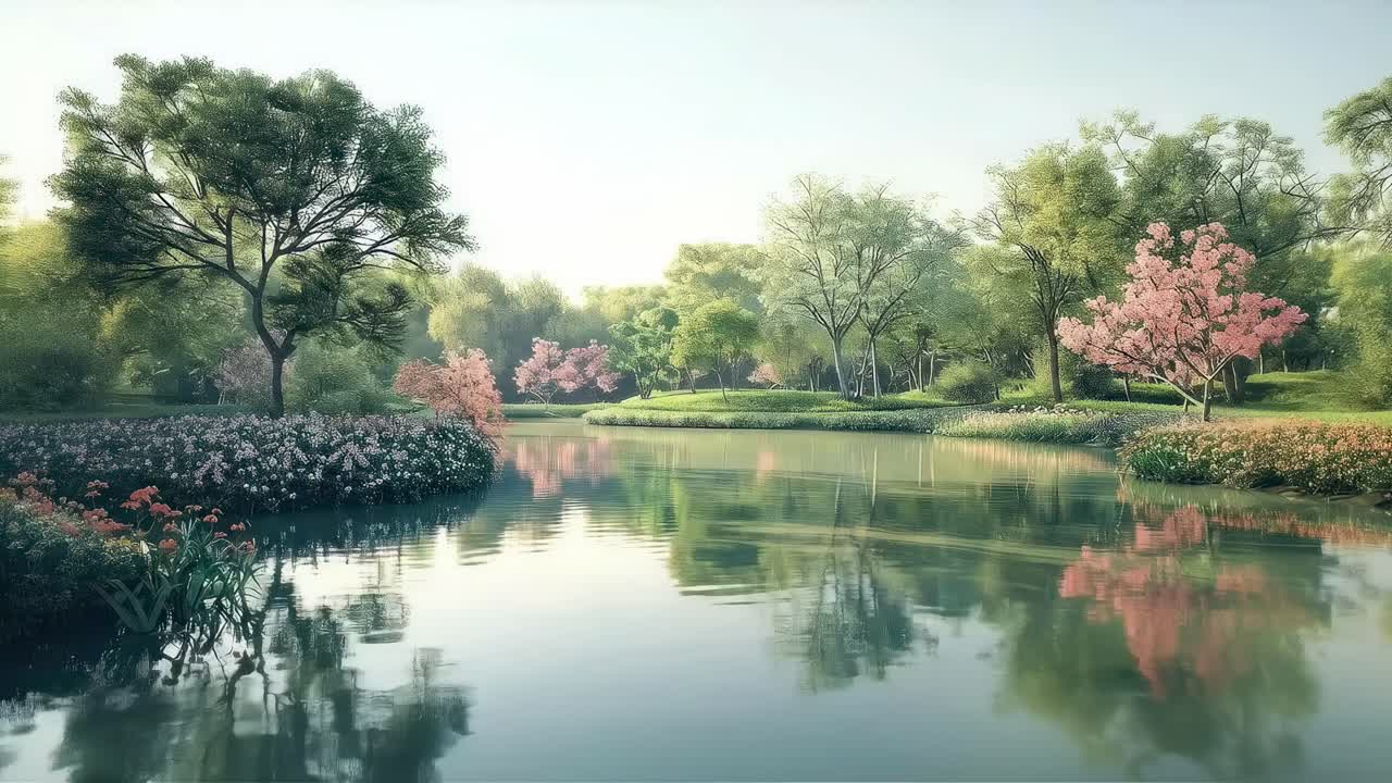 Serene garden landscape video, captured from a low angle, showcasing lush greenery and calm waters