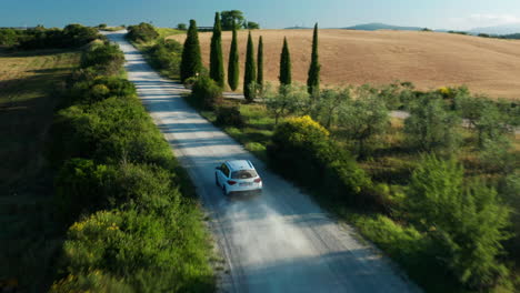 aerial shot of car driving in san quirico d'orcia of tuscany