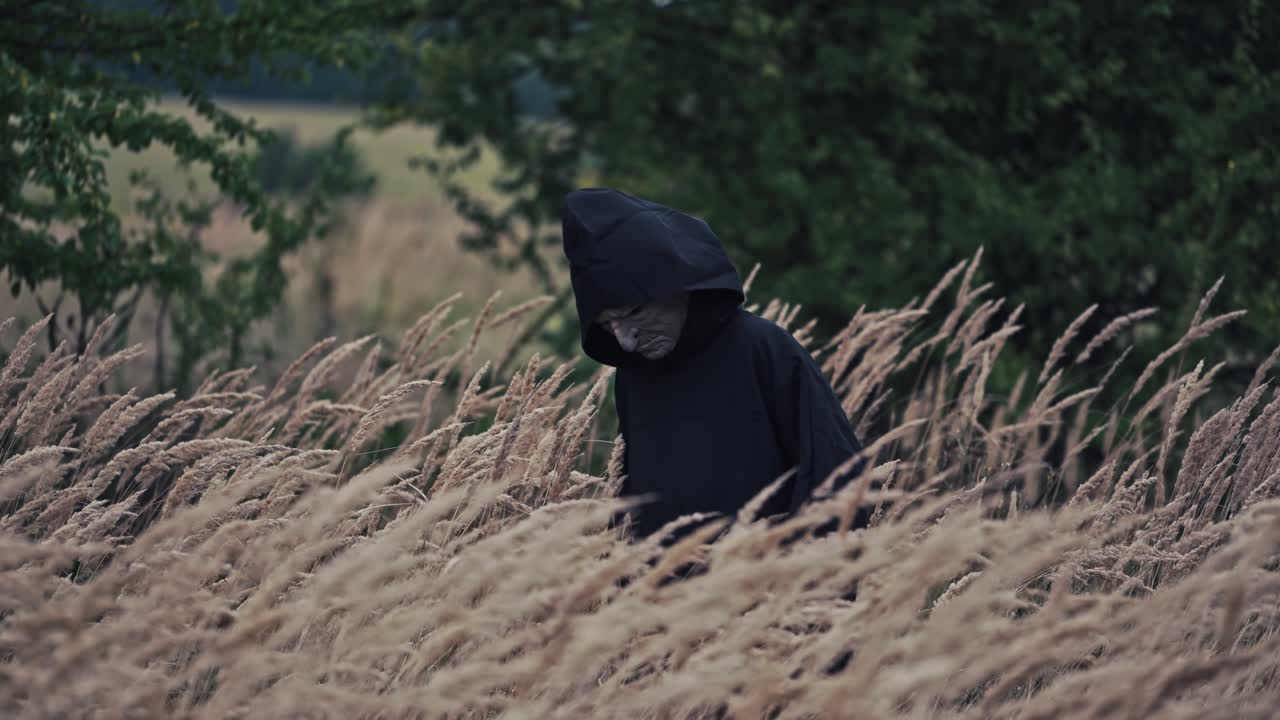 Scary figure with horrorful face outdoors. Ghost in black cloak walking in wheat field. Spooky death among nature. Halloween concept.