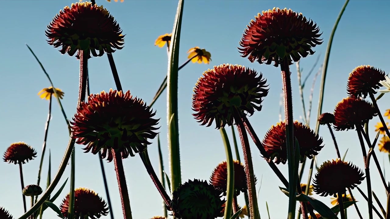 Fiori rossi vivaci retroilluminati dalla luce del sole contro un cielo azzurro limpido