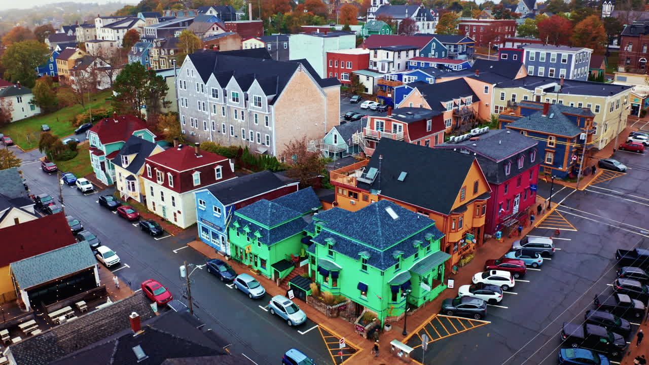 Aerial drone shot over the local town of Lunenburg in Nova Scotia, Canada. Fishing lobster town. Foggy misty day.