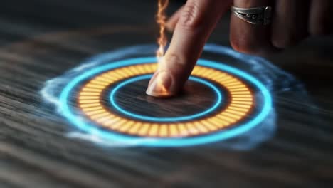 a close-up of a finger interacting with a futuristic interactive circular interface, showcasing vibrant blue and orange lights on a smooth surface