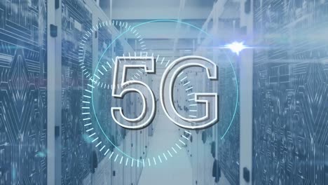 Animation-Von-5g-Text-Mit-Kreisen-Und-Blendenflecken-über-Leiterplattenmuster-Auf-Datenserversystemen