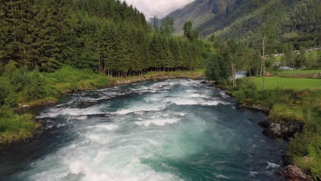 mountain river beautiful nature norway natural landscape. aerial footage lovatnet lake lodal valley.