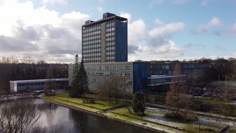 aerial view pilkington's glass head office, a modern blue skyscraper with shared office space