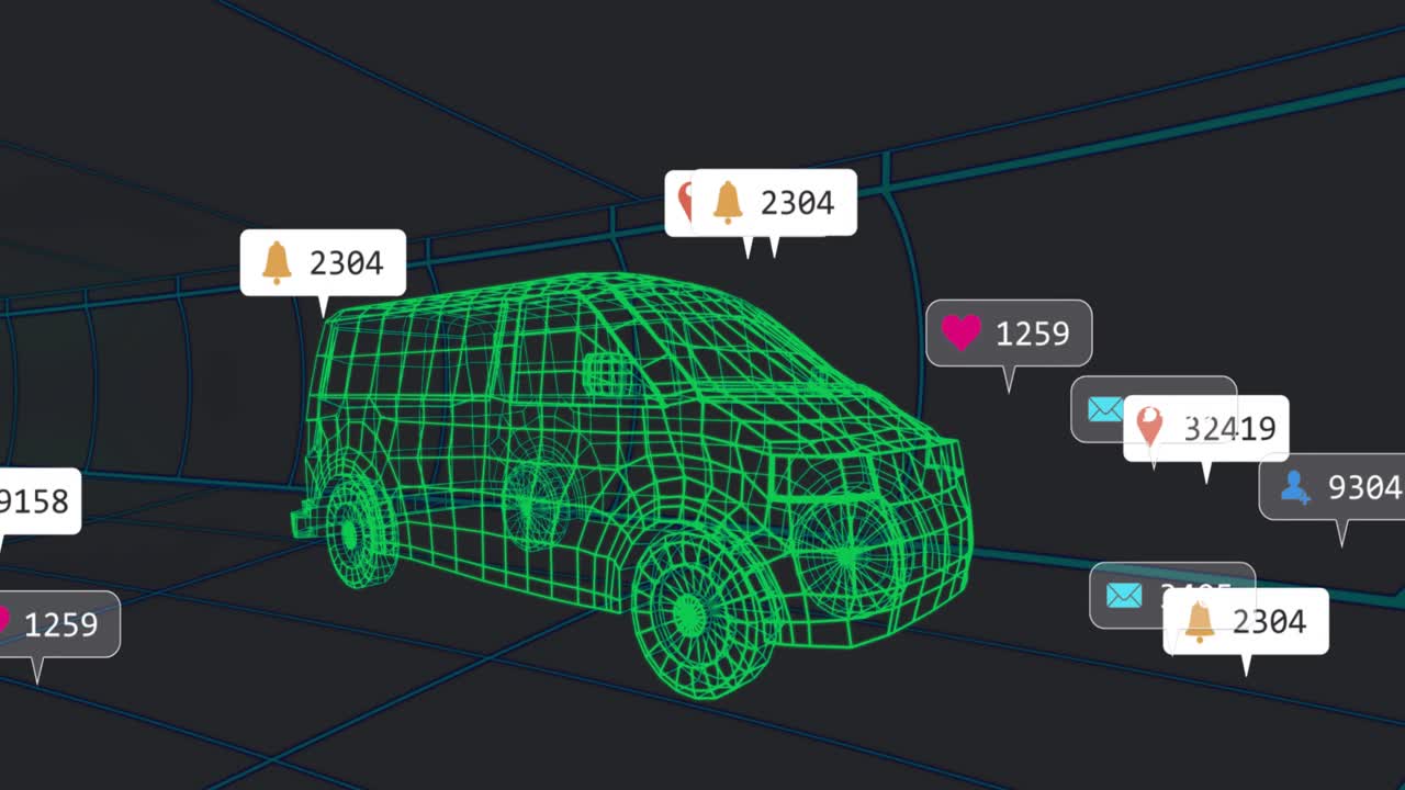 On start notification labels clustering and drifting around green wireframe van, showing engagement