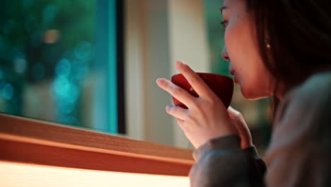 Woman drinking a warm beverage by the window