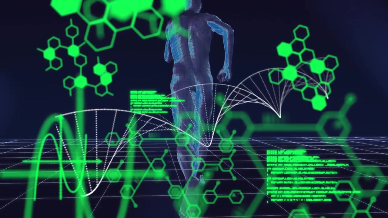 Animation of dna strand spinning, human body running and data processing