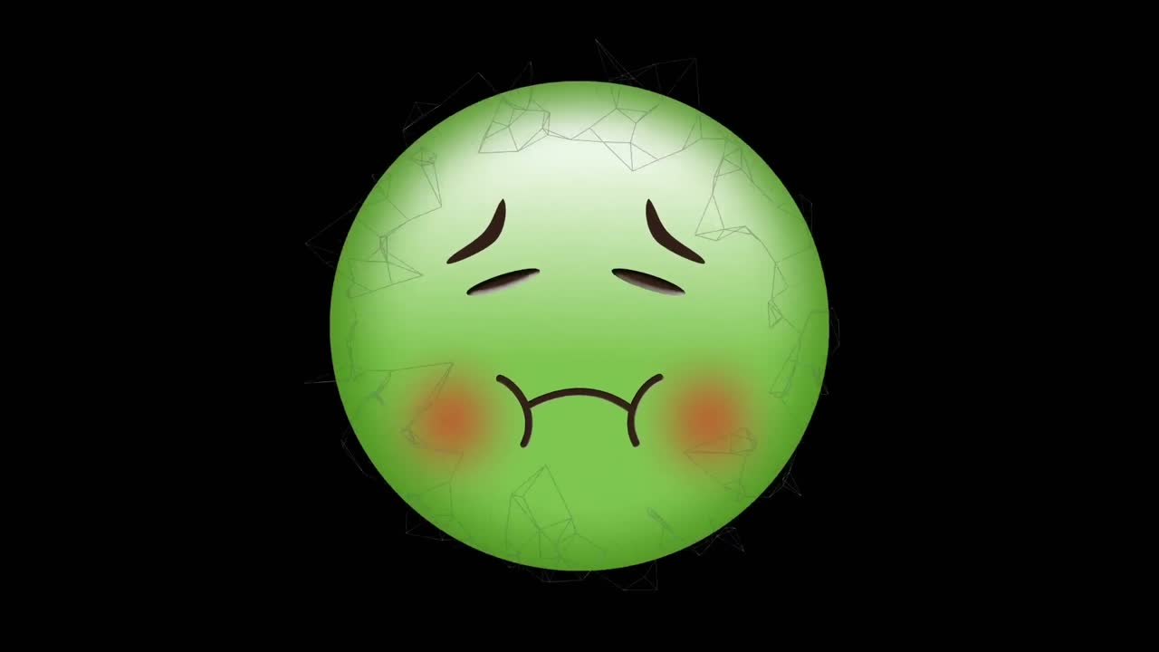 검은색 배경에 움직이는 연결 위에 아픈 이모지 아이콘의 애니메이션