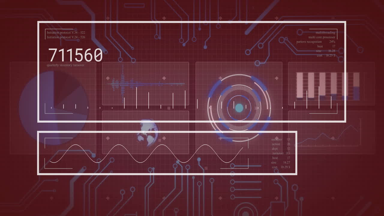 Digital data processing animation over red circuit board background
