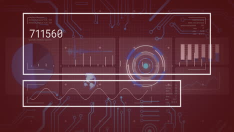 digital data processing animation over red circuit board background