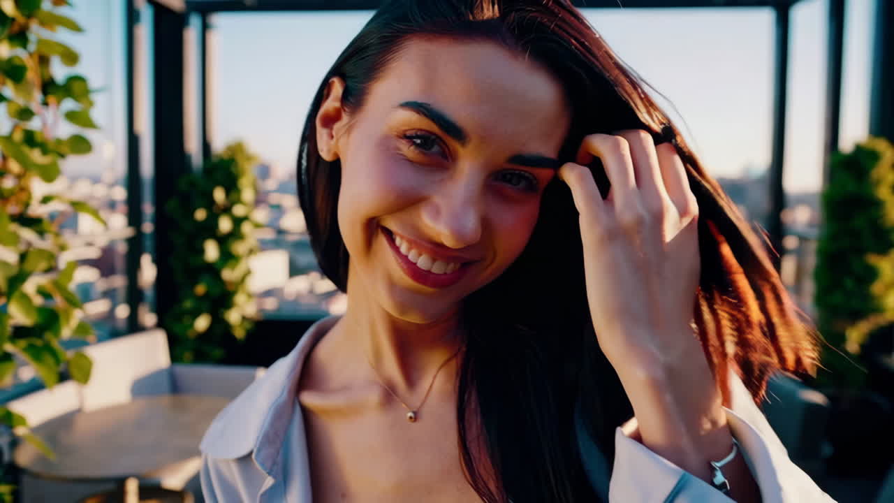 Smiling Woman on a Rooftop Terrace