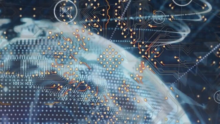 Animation of integrated circuit, icons and globe on navy background