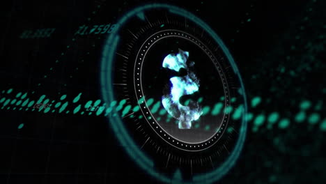 animación de procesamiento de datos y símbolo de criptomoneda sobre fondo negro