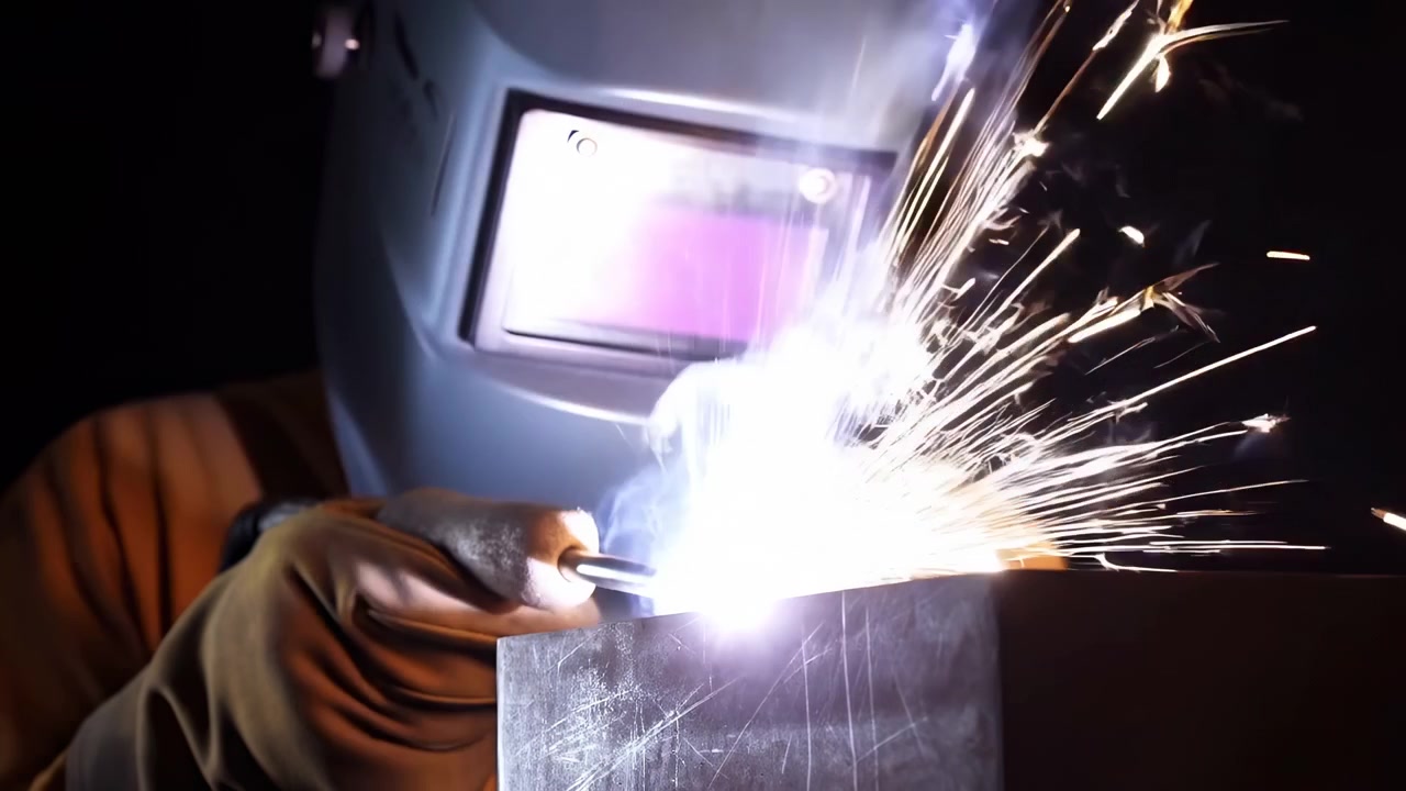 Close view shows gloved hands guiding welding electrode along scratched metal surface as intense white light erupts, orange sparks scatter outward and thin smoke curls upward in darkness.