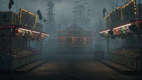 an enigmatic abandoned carnival scene with dim lighting, eerie atmosphere, and vacant stalls evoking a sense of mystery and nostalgia in the fog