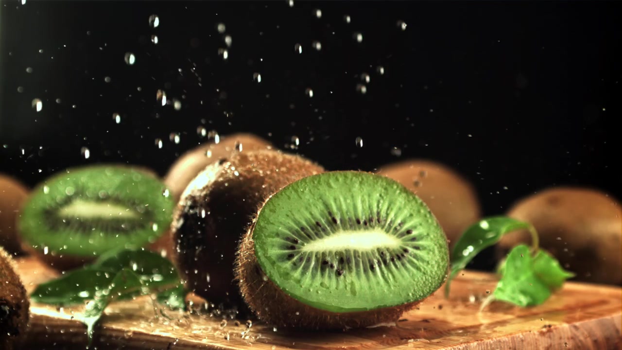 Rodajas de kiwi fresco con gotas de agua sobre una tabla de madera.