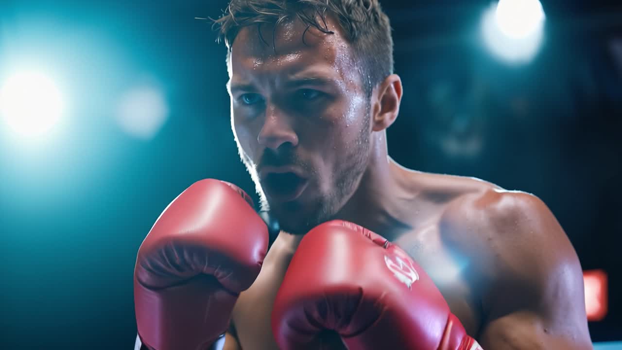 Intense Boxing Match: Fighter's Focus and Determination in the Ring Captured in Dramatic Close-Up Photography During a Dedicated Training Session