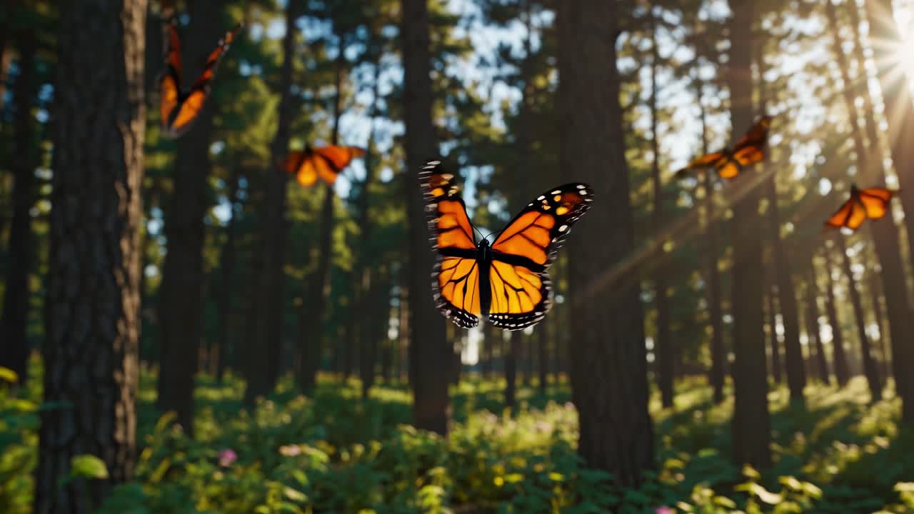 Monarch Butterflies in a Forest at Sunrise/Sunset