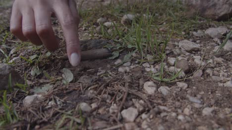 Shoes-walking-towards-camera-and-hand-touching-tiny-frog,-close-up