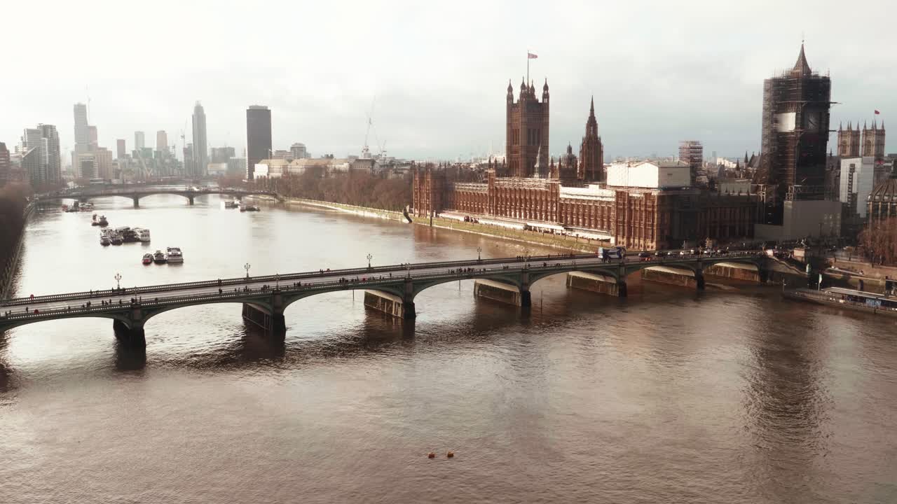 Aerial View of London's Houses of Parliament, Big Ben, and Westminster Bridge
