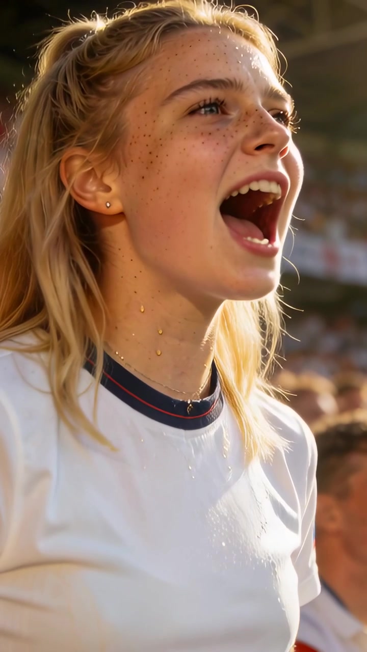 Vertikales Video: Auf Spielzug reagierendes Teenager-Mädchen schreit, dann lächelt im Stadion, weißes T-Shirt, Tropfen