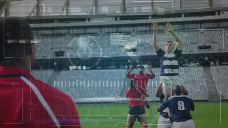 animación del procesamiento de datos durante un partido de rugby en un estadio deportivo