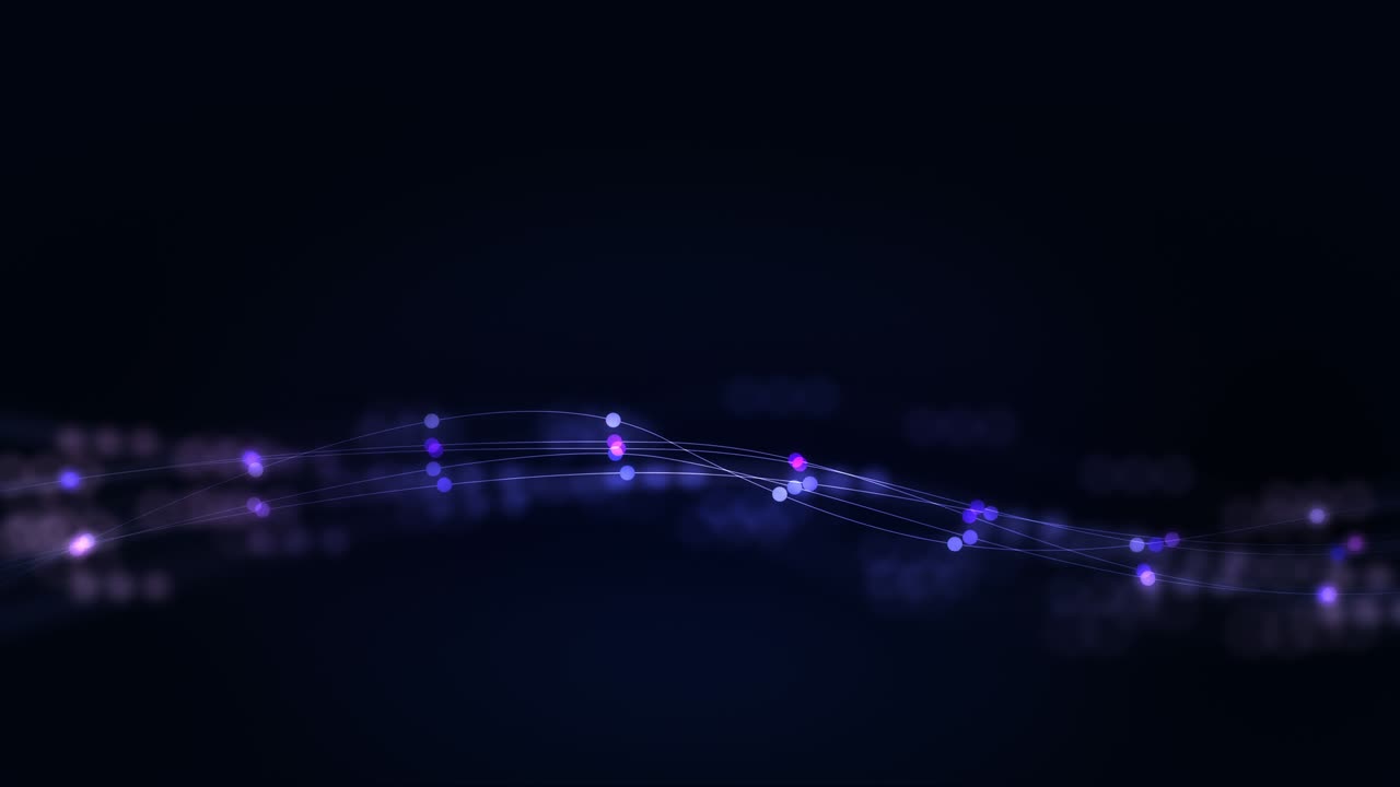 ondas de partículas digitales que fluyen con líneas y puntos de conexión de fondo. título abstracto animación borrosa azul oscuro de líneas de partículas sin costuras. bucle sin costuras 4k 3d abstracto ciberespacio futurista.