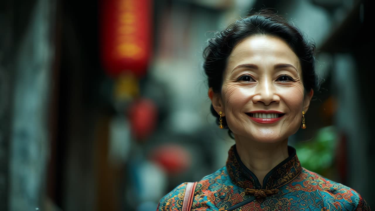Nahaufnahme einer lächelnden älteren asiatischen Frau in traditionellem gemustertem Kleid, die draußen auf einer Stadtstraße steht, mit weichen Bokeh-Lichtern und Platz für Text.
