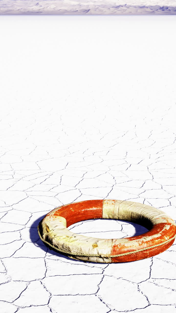 Lifebuoy rests on cracked ground under bright sunlight in a desolate area