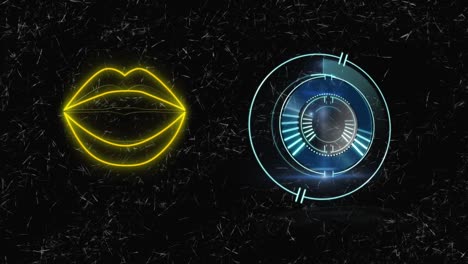 animation of scope scanning and neon lips on black background