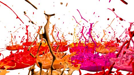 3d splashes of liquid. paint bounce in 4k on white background. simulation of splashes of ink on a musical speaker that play music. version shades of red 2