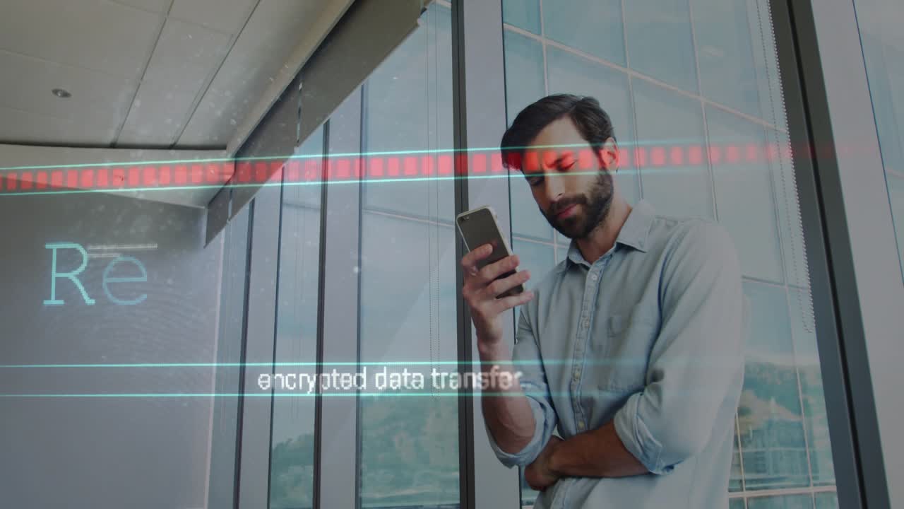 Man glancing at smartphone in technology hub initiating scanning overlay receiving encrypted data